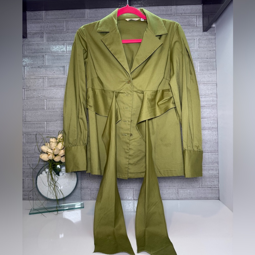 Green Button Down Shirt with Notched Lapels and Wrap Detail